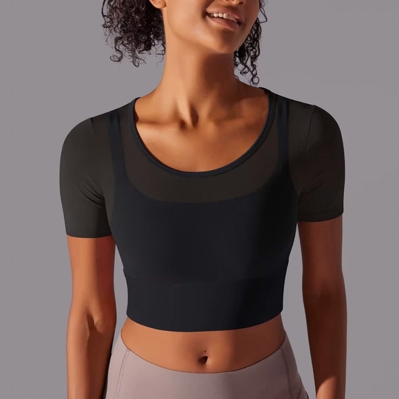 Pedigree Double Layered Mesh Crop Tee with Sports Bra Liner | Black - Picture 7 of 10